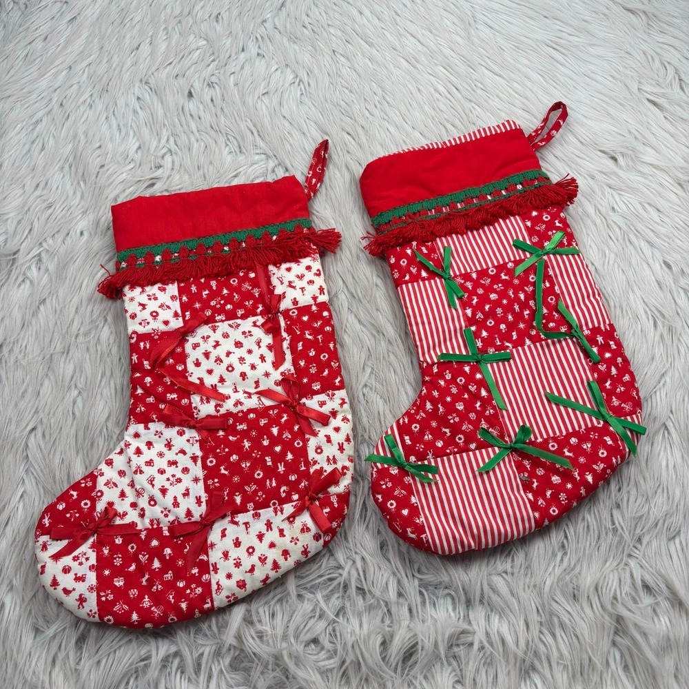 LOT 2 - Vintage Handmade Patchwork Stockings Bows Red Christmas Fringe Quilted